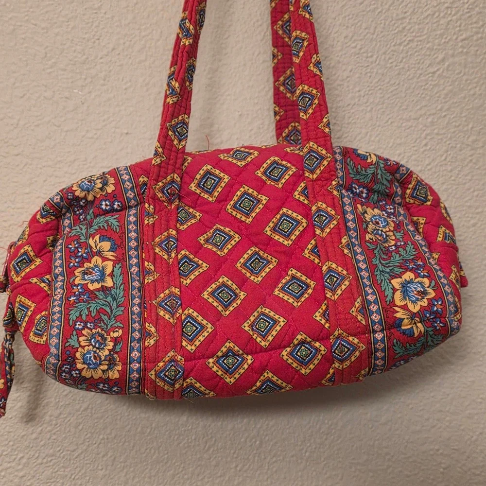 Vera Bradley Vintage Retired Red Floral Geometric Quilted Cotton Barrel Handbag